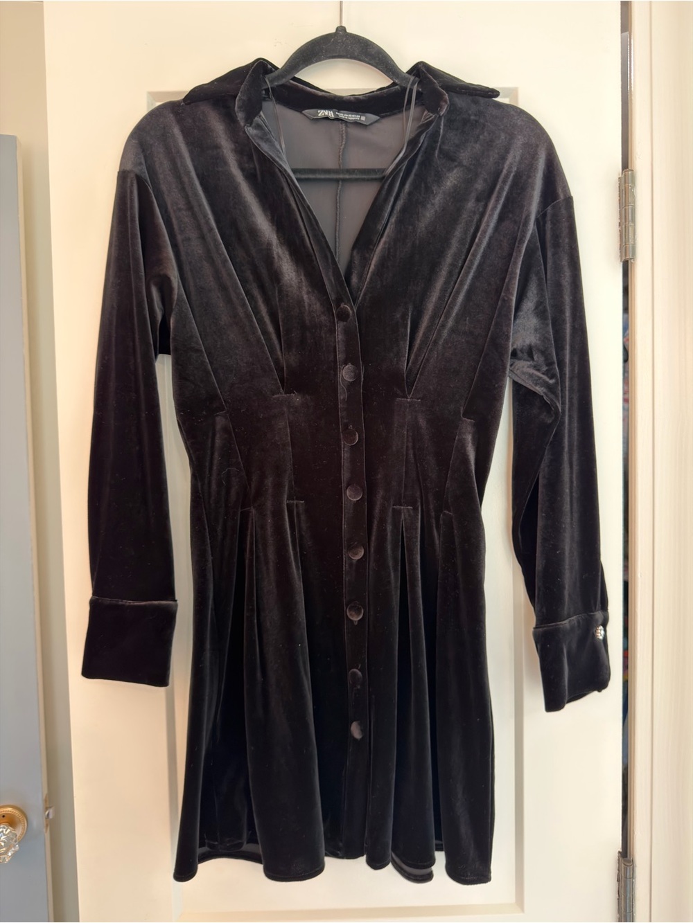 Zara Black Velvet Long-Sleeve Button Dress